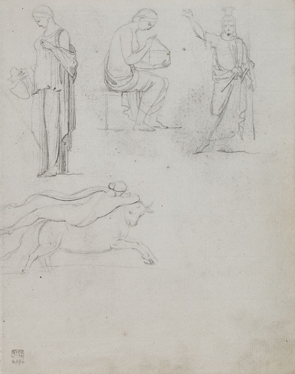 František Tkadlík - Sheet from Sketchbook C - study of three female figures after classical models; study of Europa riding, reverse side: study after a classical statue of a philosopher 