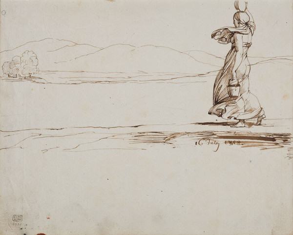 František Tkadlík - Sheet from Sketchbook C - woman with a wooden bucket and a jug in the landscape 