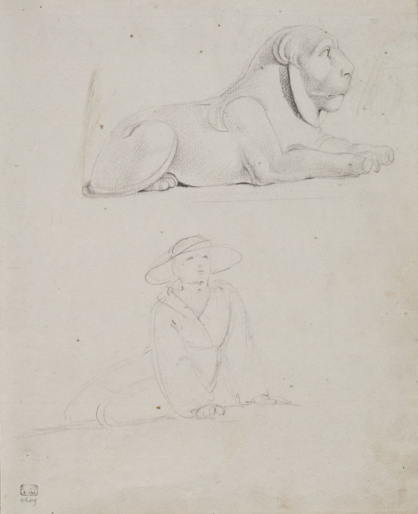 František Tkadlík - Sheet from Sketchbook C - sketch of a sphinx and a sitting woman 