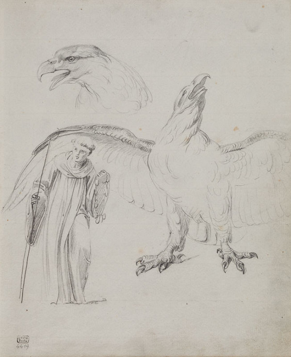 František Tkadlík - Sheet from Sketchbook C - two studies of an eagle for the painting Jupiter Tonans; the figure of a monk 