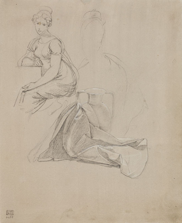 František Tkadlík - Sheet from Sketchbook C - study of a jug and a drapery for the painting Jesus in Emmaus; seated female figure 