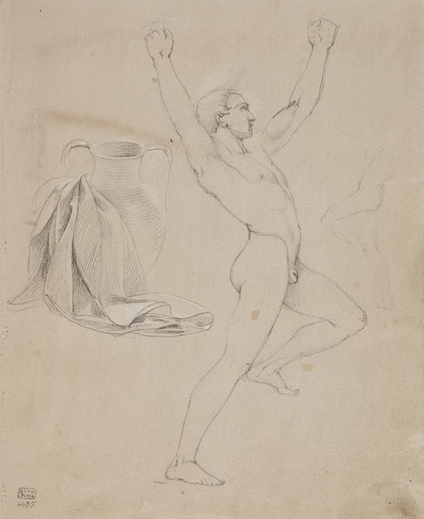 František Tkadlík - Sheet from Sketchbook C - study of a jug and a drapery for the painting Jesus in Emmaus; standing male nude 