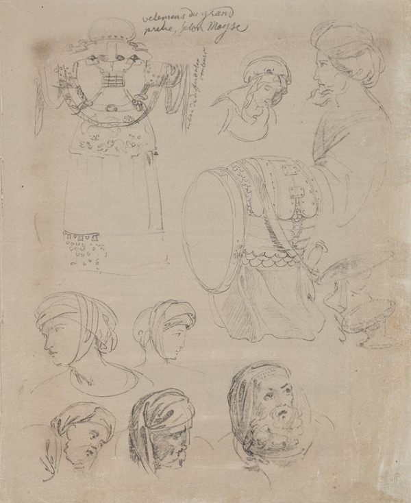 František Tkadlík - Sheet from Sketchbook C - sketches of historical armour; the costume of a high priest; studies of heads 