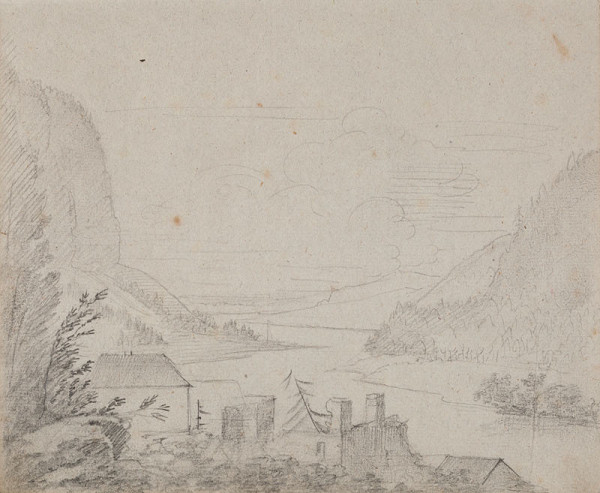 František Tkadlík - Sheet from Sketchbook A - view of a river gorge with ruins 