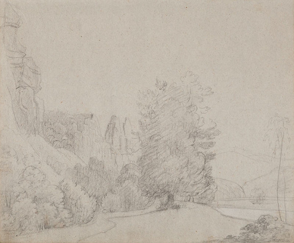 František Tkadlík - Sheet from Sketchbook A - rocky landscape with a tree and river (Saxon Switzerland) 