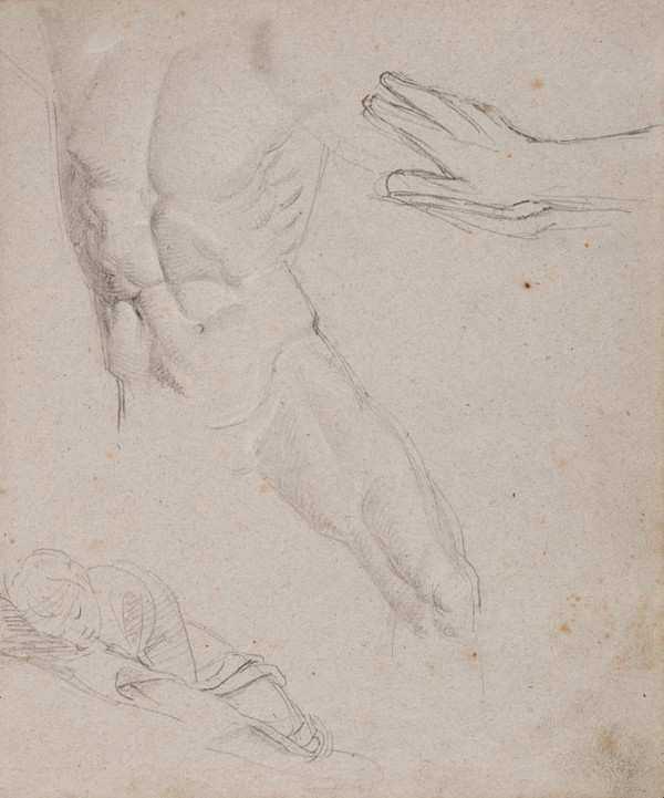 František Tkadlík - Sheet from Sketchbook A - study of a nude male figure (using Laocoön as the model); studies of a sleeping child and arm (for the composition of Hagar and Ismael), Reverse side: sketch using the Farnese Hercules as a model 