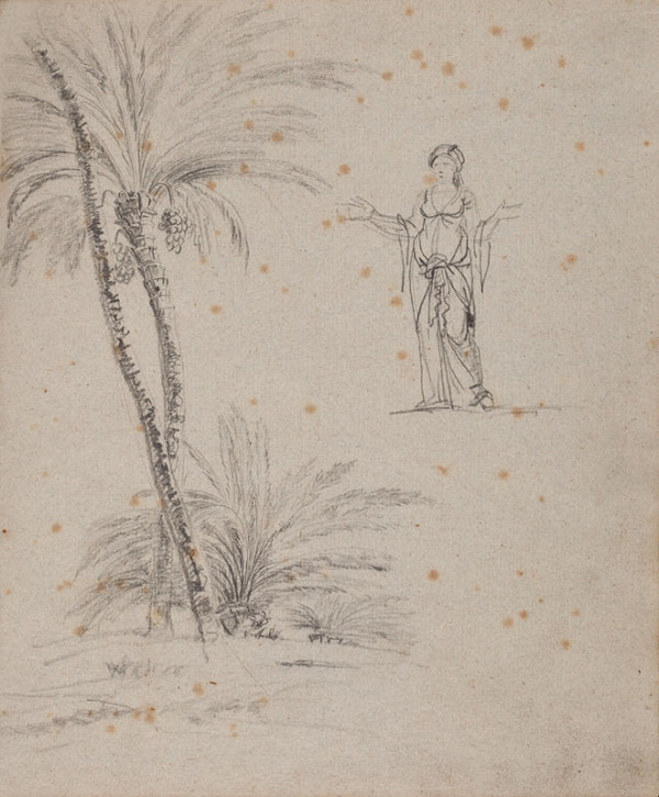 František Tkadlík - Sheet from Sketchbook A - study of palm trees; female figure wearing ancient garb 