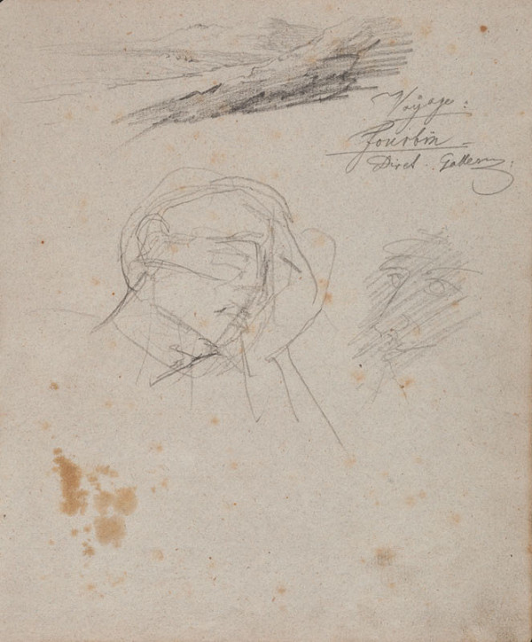 František Tkadlík - Sheet from Sketchbook A - sketch of a mountain landscape; the head of a man 