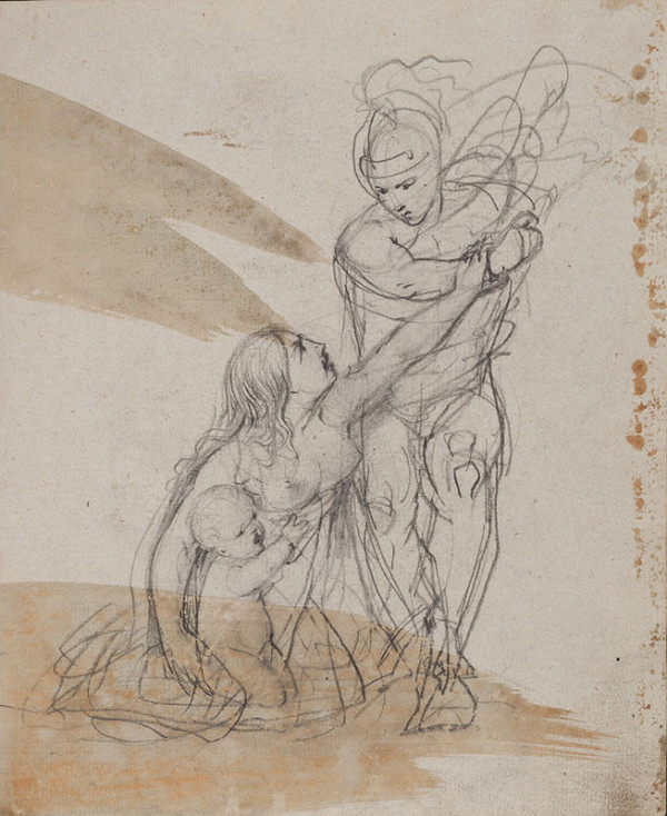 František Tkadlík - Sheet from Sketchbook A - sketch with the theme of the Massacre of the Innocents, Reverse side: Kneeling male nude 