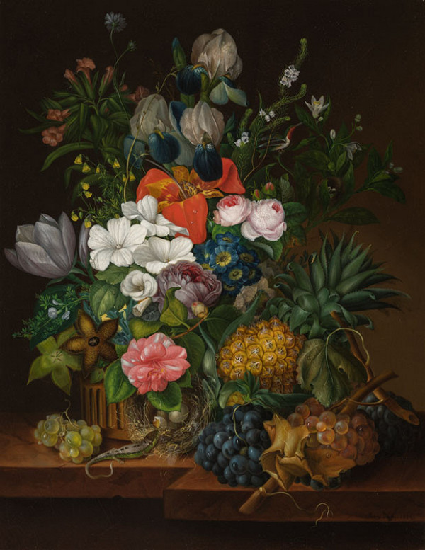 Jenny Salmová - Still Life with a Lizard and Flowers 