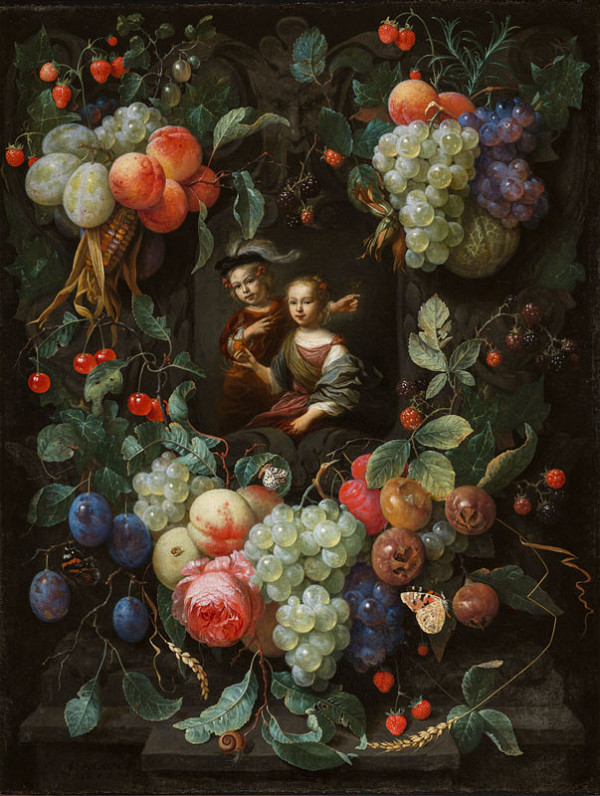 Joris van Son, Erasmus Quellinus II. - Cartouche with Children Portraits in a Garland 