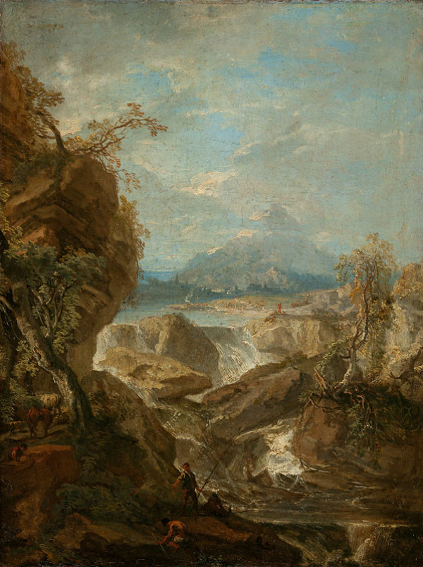 Wenzel Lorenz Reiner - Lanscape with a Waterfall and Fishermen 