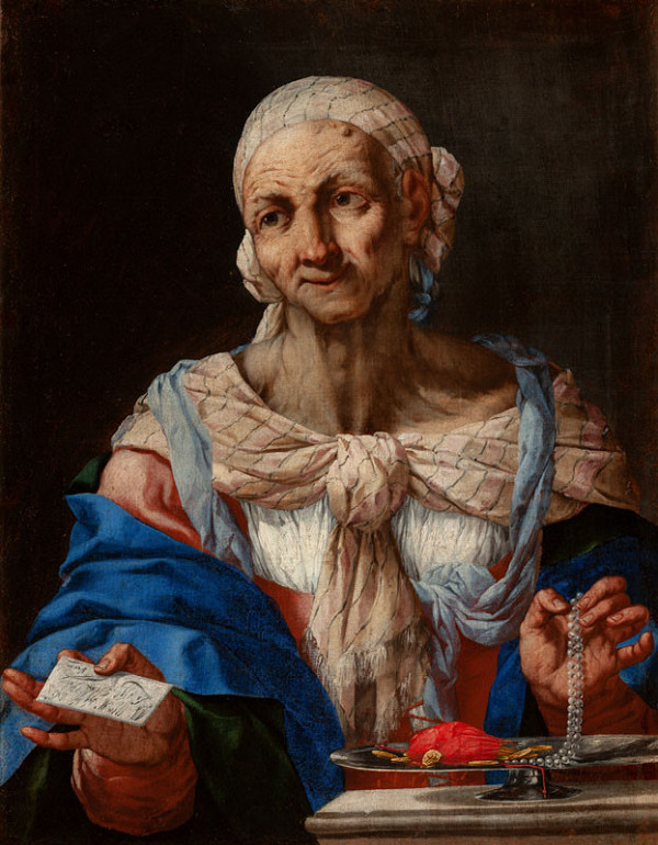 Giovanni Battista Langetti - Old Woman with Pearls and Letter (Vanitas) 