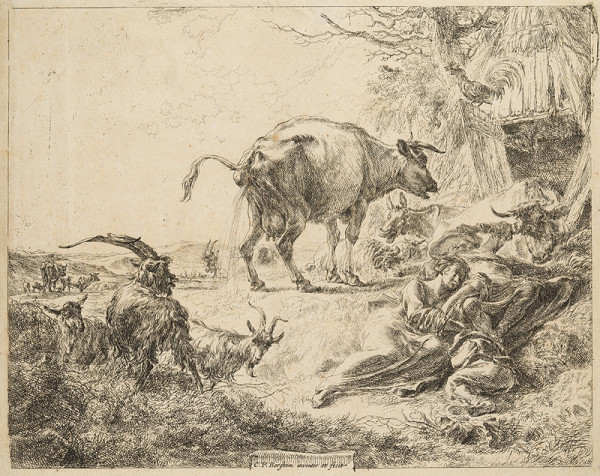 Nicolaes Berchem - engraver - The sleeping shepeardess and the cow urinating 