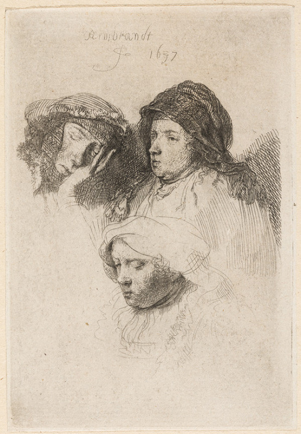 Rembrandt Harmenszoon van Rijn - Study of three women heads, one asslep 