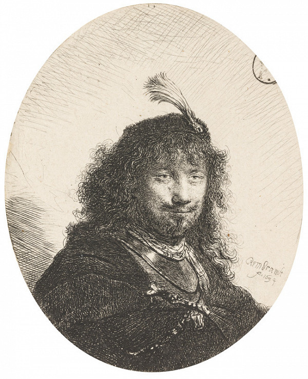 Rembrandt Harmenszoon van Rijn - Self-portrait (?) with plumed cap and lowered sabre 