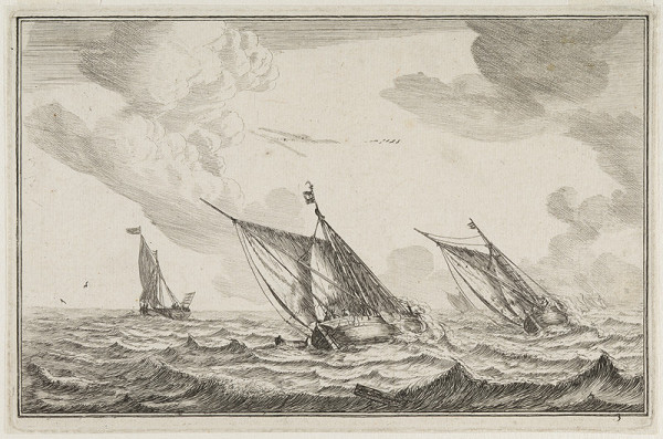Reinier Nooms Zeeman - Three Sailing-vessels at Choppy Sea, from a series Inland Waterways 