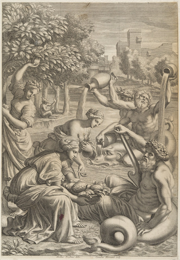 Cornelis Bloemaert - engraver, Nicolas Poussin - inventor - Hesperides Offer their Citruses to the God of Lake Garda. Illustration for Hesperides... by G. B. Ferrari (Rome 1646) 
