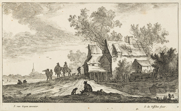 Jan Visscher - engraver, Jan Josefsz van Goyen - inventor - Travellers near a house at a pond, from a series River landscapes 
