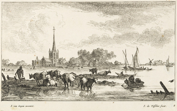 Jan Visscher - engraver, Jan Josefsz van Goyen - inventor - Cows grazing on outer marches, from a series River landscapes 