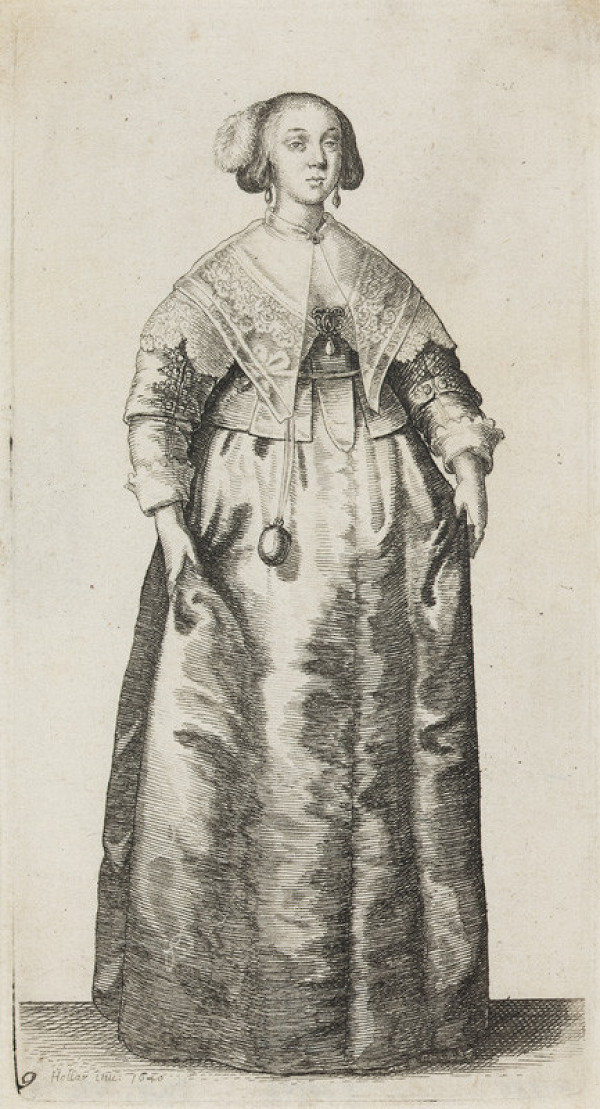 Wenceslaus Hollar - engraver - Lady with Feather in Her Hair, Transparent Collar and Satchel at Her Waist, from the cycle Ornatus Mulieribus 