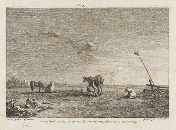 Jan Jiří Balzer - engraver, Norbert Grund - inventor - A Woman Milking a Cow 