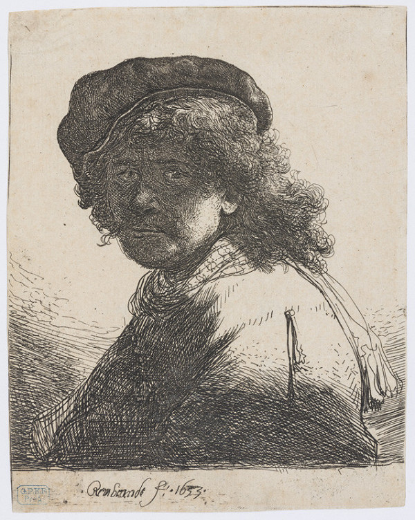 Rembrandt Harmenszoon van Rijn - Self-portrait in a cap and scarf with the face dark: bust 