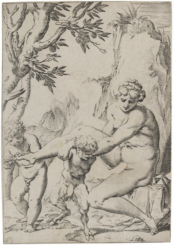 Agostino Carracci - engraver - Nymph, Putto and Satyr 