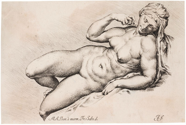 Jan de Bisschop - engraver, Francesco Salviati - draughtsman, Michelangelo Buonarroti - inventor - Michelangelo’s Dawn, a sculptural figure from the tomb of Lorenzo di Piero de’ Mediciin the Basilica of San Lorenzo, Florence. From the album Paradigmata Graphices variorum Artificum. 