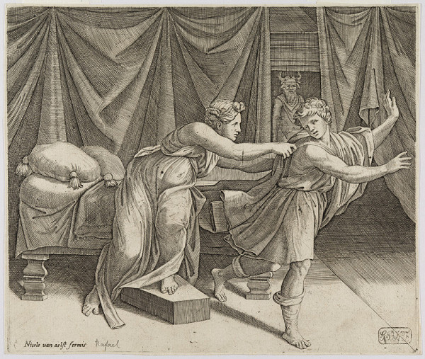 Marcantonio Raimondi - engraver, Raffael - inventor, Nicolas van Aelst - publisher - Joseph and Potiphar’s Wife 