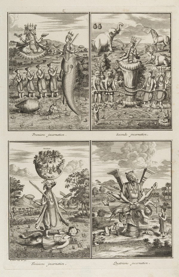 Bernard Picart - engraver - The First to Fourth Incarnations of the Hindu God Vishnu 