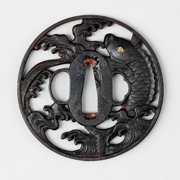 Anonymous artist - Tsuba (sword guard) decorated with carp in whitewater 