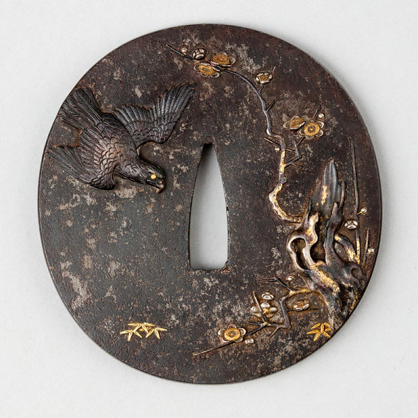 Yoshiaki Kurosawa (Mito school) - Tsuba (sword guard) decorated with eagle, prunus and bamboo 