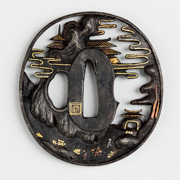 Anonymous artist - Tsuba (sword guard) decorated with Chinese-style mountainous landscape 