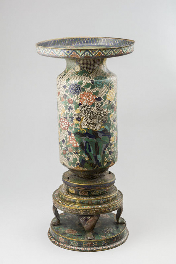 Anonymous artist - Decorative vase adorned with hawk on a rock and Japanese flowers 