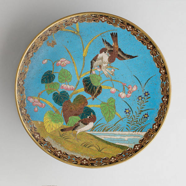 Anonymous artist - Bowl decorated with sparrows on a shore and water plants 