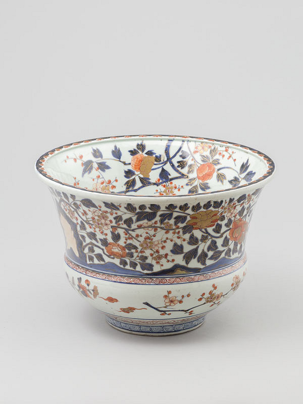 Anonymous artist - Jardinière decorated with rocks, peonies and prunus blossoms 