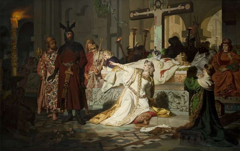 Emil Lauffer - Kriemhildina žaloba - Kriemhilda obviňuje Gunthera a Hagena ze zavraždění svého muže Siegfrieda