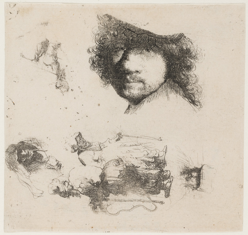 Rembrandt Harmenszoon van Rijn - Studijní list: autoportrét, dvojice žebráků, hlava starce a staré ženy