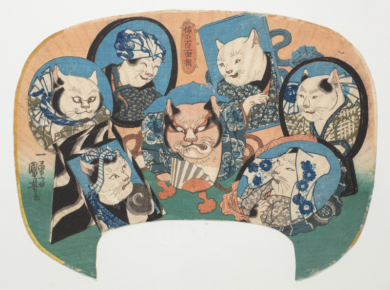 Utagawa Kunijoši - Karikatury koček na vějíři učiwa ze série Sto výrazů koček (Neko no hjakumen só)