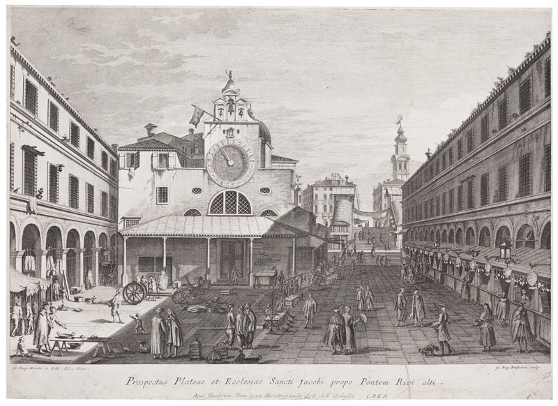 Giovanni Battista Brustolon - rytec, Antonio Canaletto - inventor - Pohled na kostel sv. Jakuba s Ponte di Rialto v pozadí