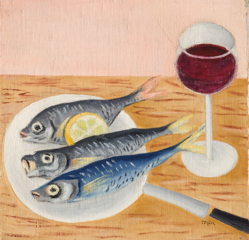 Toyen - Zátiší s rybami a červeným vínem