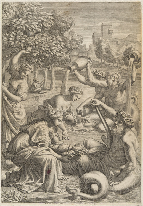 Cornelis Bloemaert - rytec, Nicolas Poussin - inventor - Hesperidky nabízejí své citrusy bohu jezera Garda, ilustrace pro G. B. Ferrari, Hesperides... (Řím 1646)