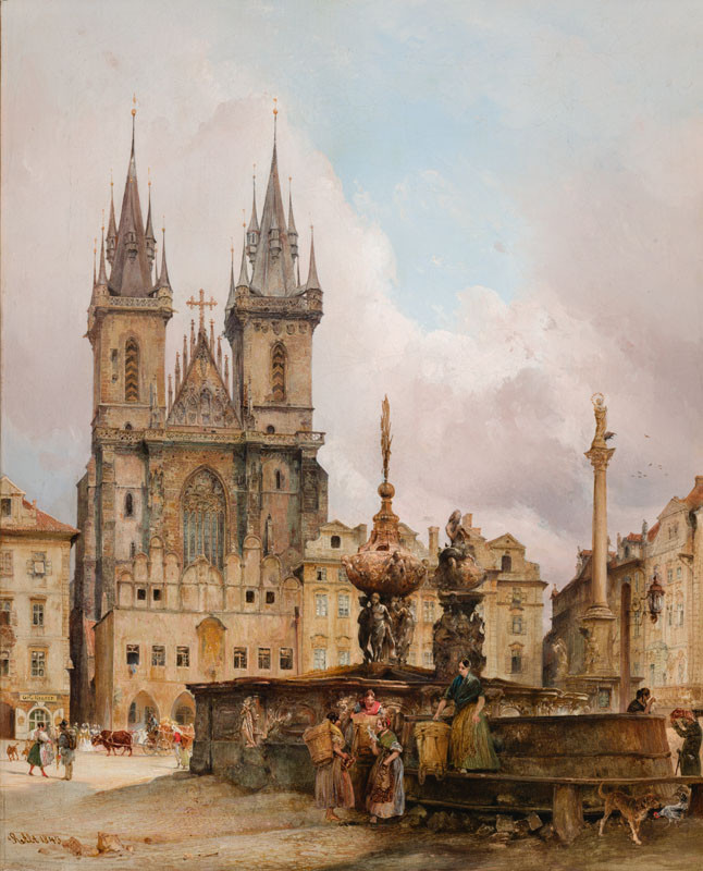 Rudolf von Alt - Týnský chrám s Krocínovou kašnou