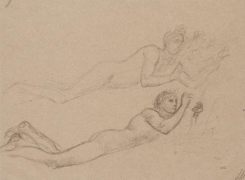 Pierre-Cécile Puvis de Chavannes - Studie dvou letících figur k nástěnné malbě Posvátný háj, drahý Uměnám a Múzám pro muzeum v Lyonu