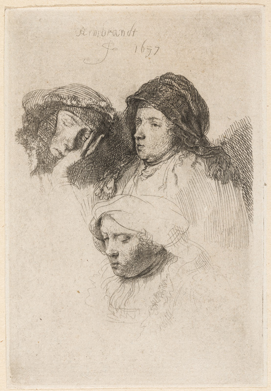 Rembrandt Harmenszoon van Rijn - Study of three women heads, one asslep
