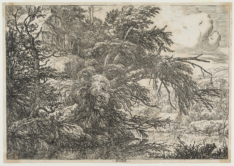 Jacob Isaaksz van Ruisdael - rytec - Chalupa v lese nad řekou