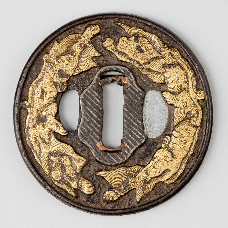 Anonymous artist: (Hizen – Namban style (Jakushi school)) - Tsuba (sword guard) with bas-relief of two dragons