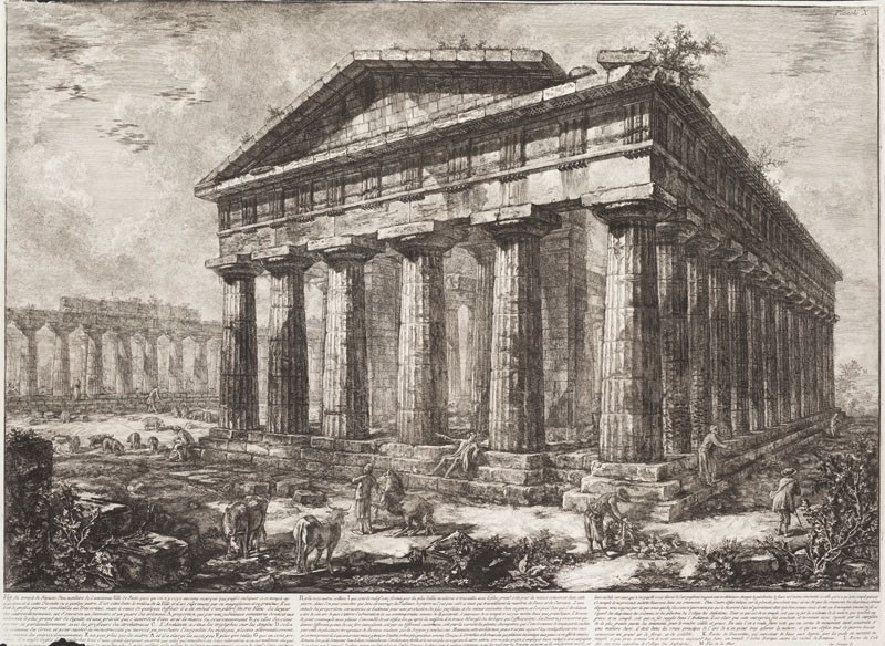 Giovanni Battista Piranesi - engraver, Francesco Piranesi - engraver, Giovanni Battista Piranesi - inventor - View of the so called Temple of Neptune, from the cycle Différentes vues de Pesto, Plate X
