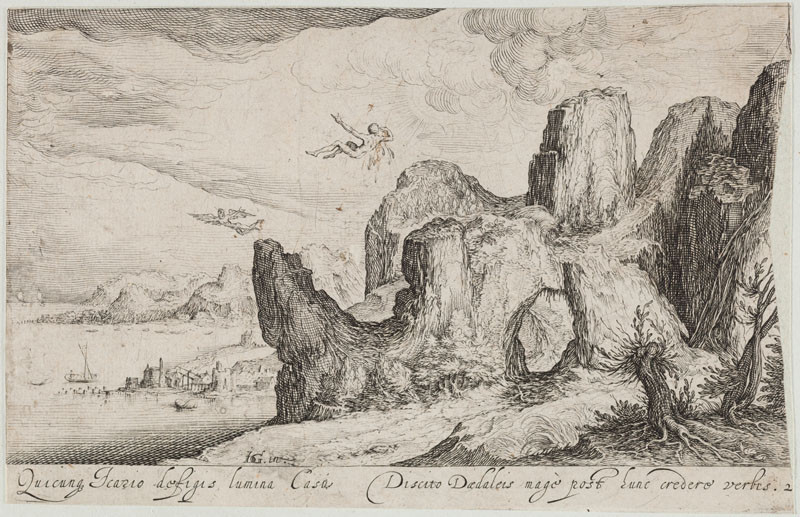 Andreas Stock - rytec, Jacques de Gheyn II. - inventor (tvůrce předlohy) - Krajina s Ikarovým pádem